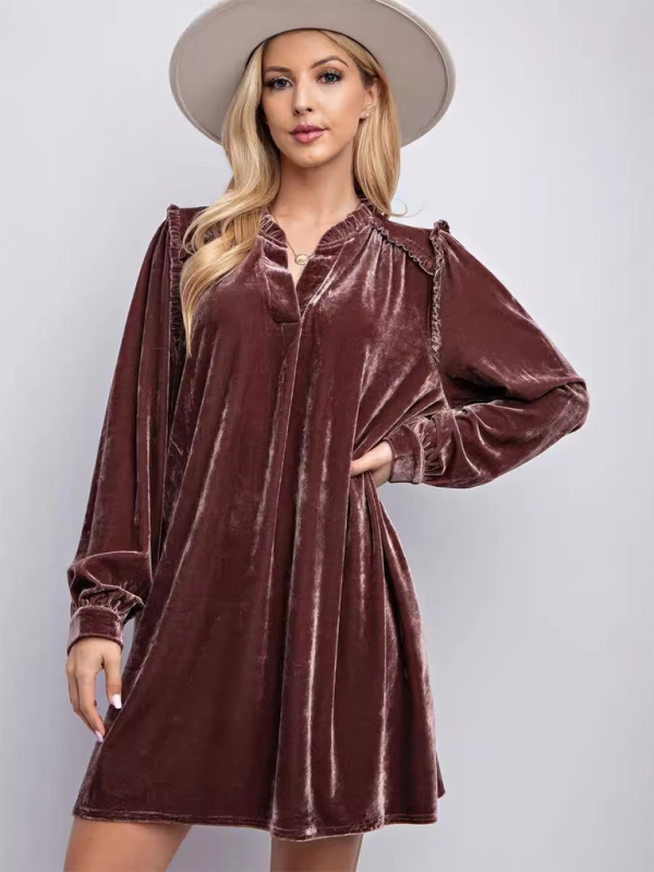 Tunic Dresses- Luxurious Velvet Tunic Dress for Layering This Winter- Brown- IndioGear.com