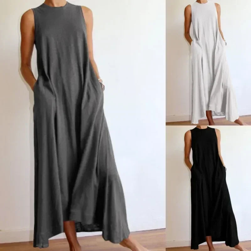 Tunic Dresses- Relaxed Flowing Maxi Dress in Neutral Tones- - IndioGear.com