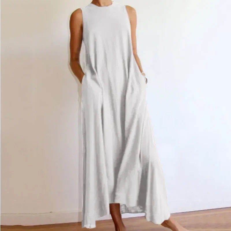 Tunic Dresses- Relaxed Flowing Maxi Dress in Neutral Tones- - IndioGear.com