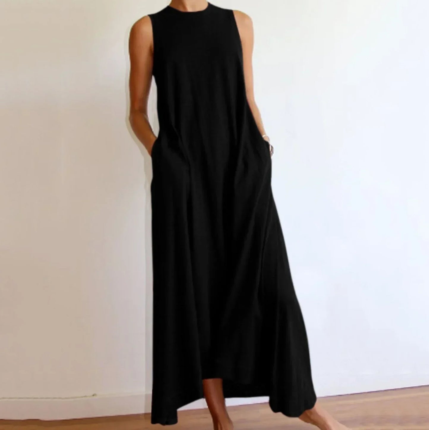 Tunic Dresses- Relaxed Flowing Maxi Dress in Neutral Tones- Black- IndioGear.com