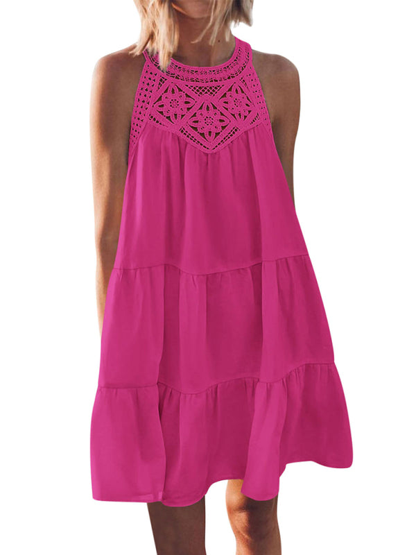 Tunic Dresses- Solid Sleeveless Tunic Tiered Dress with Embroidered Panel- - IndioGear Fashion and Gear