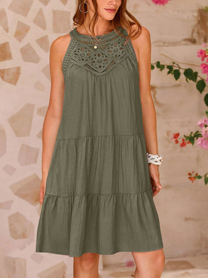 Tunic Dresses- Solid Sleeveless Tunic Tiered Dress with Embroidered Panel- Olive green- IndioGear Fashion and Gear