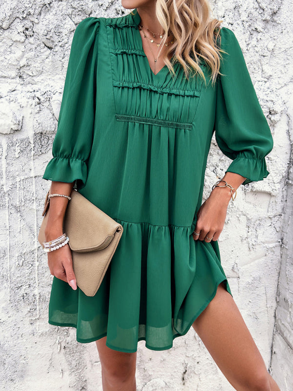 Tunic Dresses- Summer Solid V-Neck Ruffle Tunic Dress with 3/4 Sleeves- Green- IndioGear Fashion and Gear