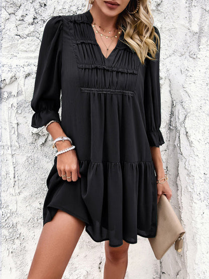 Tunic Dresses- Summer Solid V-Neck Ruffle Tunic Dress with 3/4 Sleeves- - IndioGear Fashion and Gear