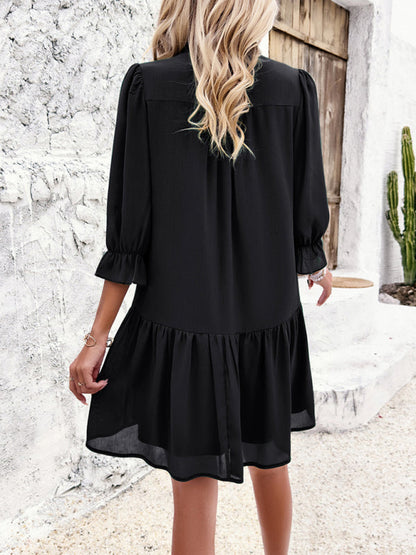 Tunic Dresses- Summer Solid V-Neck Ruffle Tunic Dress with 3/4 Sleeves- - IndioGear Fashion and Gear