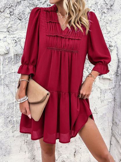 Tunic Dresses- Summer Solid V-Neck Ruffle Tunic Dress with 3/4 Sleeves- - IndioGear Fashion and Gear