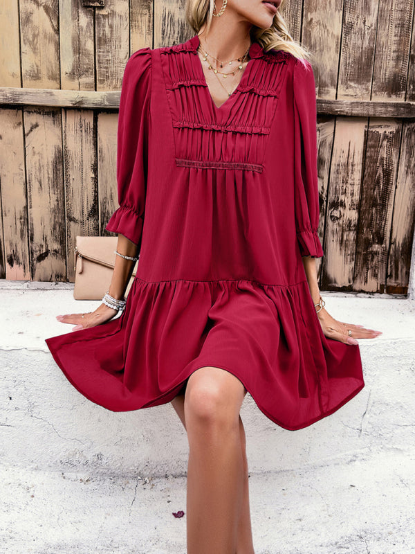 Tunic Dresses- Summer Solid V-Neck Ruffle Tunic Dress with 3/4 Sleeves- - IndioGear Fashion and Gear