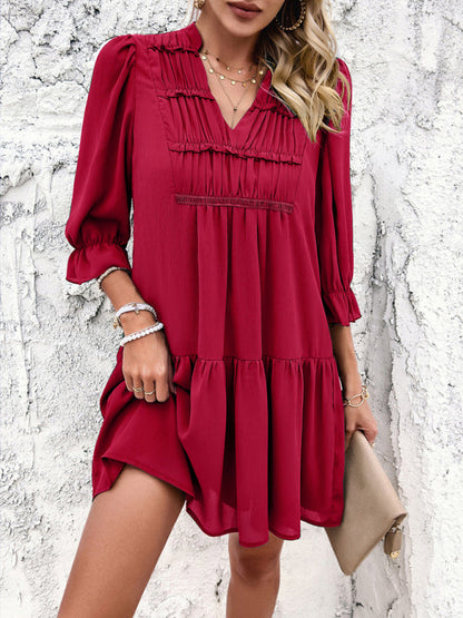 Tunic Dresses- Summer Solid V-Neck Ruffle Tunic Dress with 3/4 Sleeves- Wine Red- IndioGear Fashion and Gear