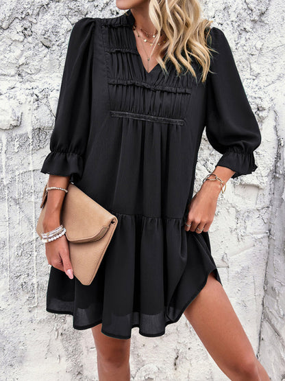 Tunic Dresses- Summer Solid V-Neck Ruffle Tunic Dress with 3/4 Sleeves- Black- IndioGear Fashion and Gear