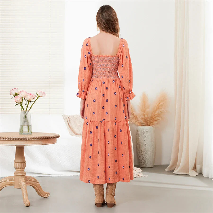 Vacation Dresses- Boho Floral Embroidered Long Dress for Casual Weddings- - IndioGear.com