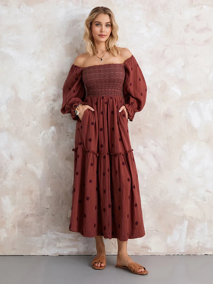 Vacation Dresses- Boho Floral Embroidered Long Dress for Casual Weddings- Coffee- IndioGear.com