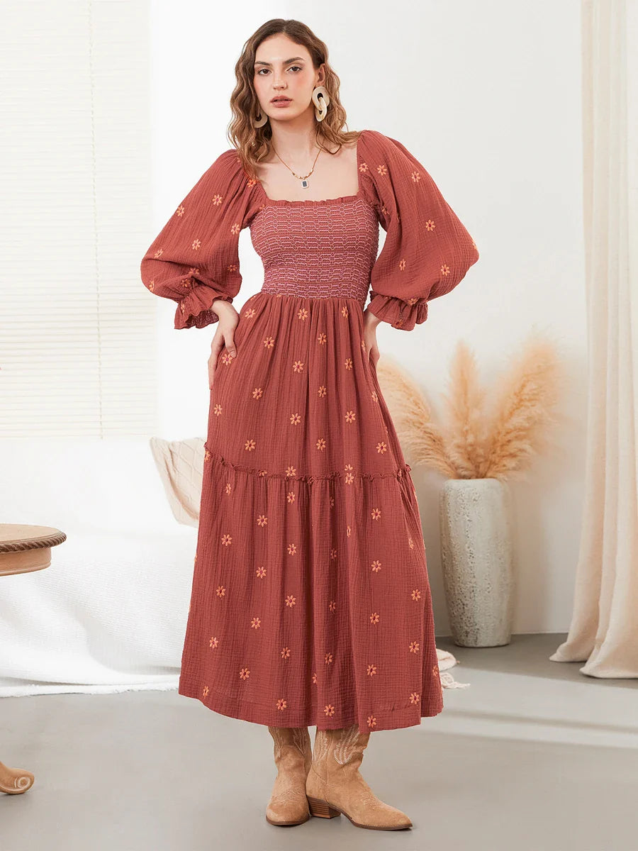 Vacation Dresses- Boho Floral Embroidered Long Dress for Casual Weddings- Rust- IndioGear.com