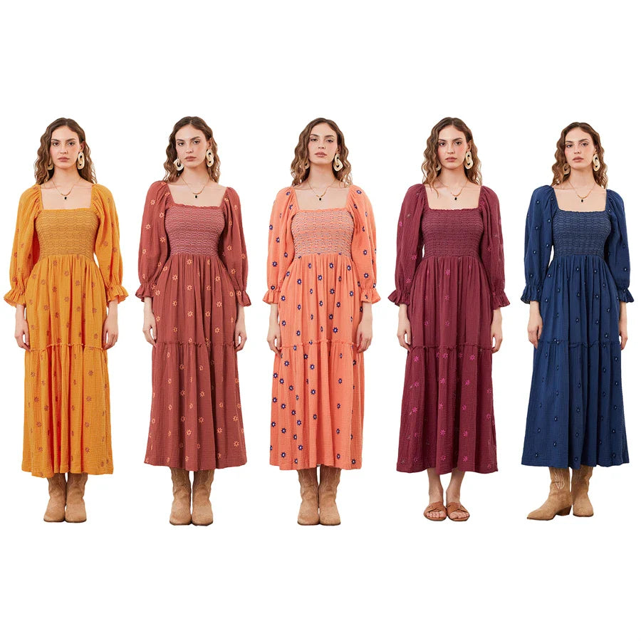 Vacation Dresses- Boho Floral Embroidered Long Dress for Casual Weddings- - IndioGear.com