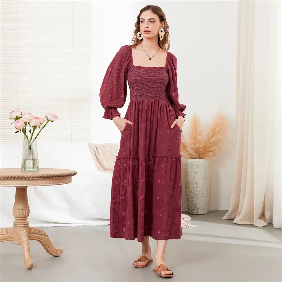 Vacation Dresses- Boho Floral Embroidered Long Dress for Casual Weddings- - IndioGear.com