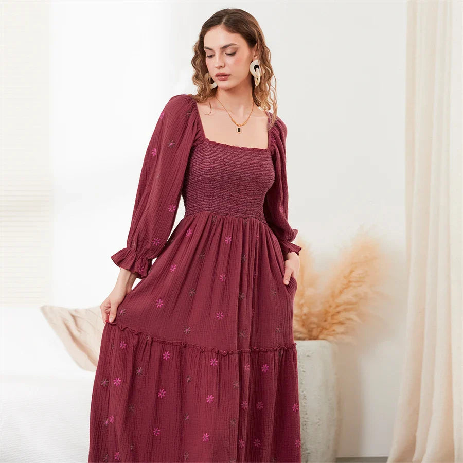 Vacation Dresses- Boho Floral Embroidered Long Dress for Casual Weddings- - IndioGear.com