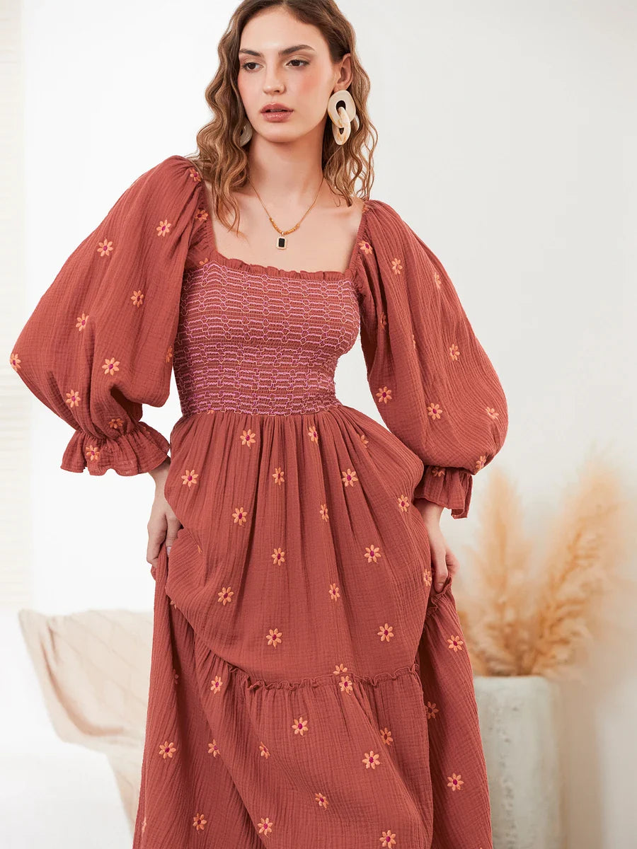 Vacation Dresses- Boho Floral Embroidered Long Dress for Casual Weddings- - IndioGear.com