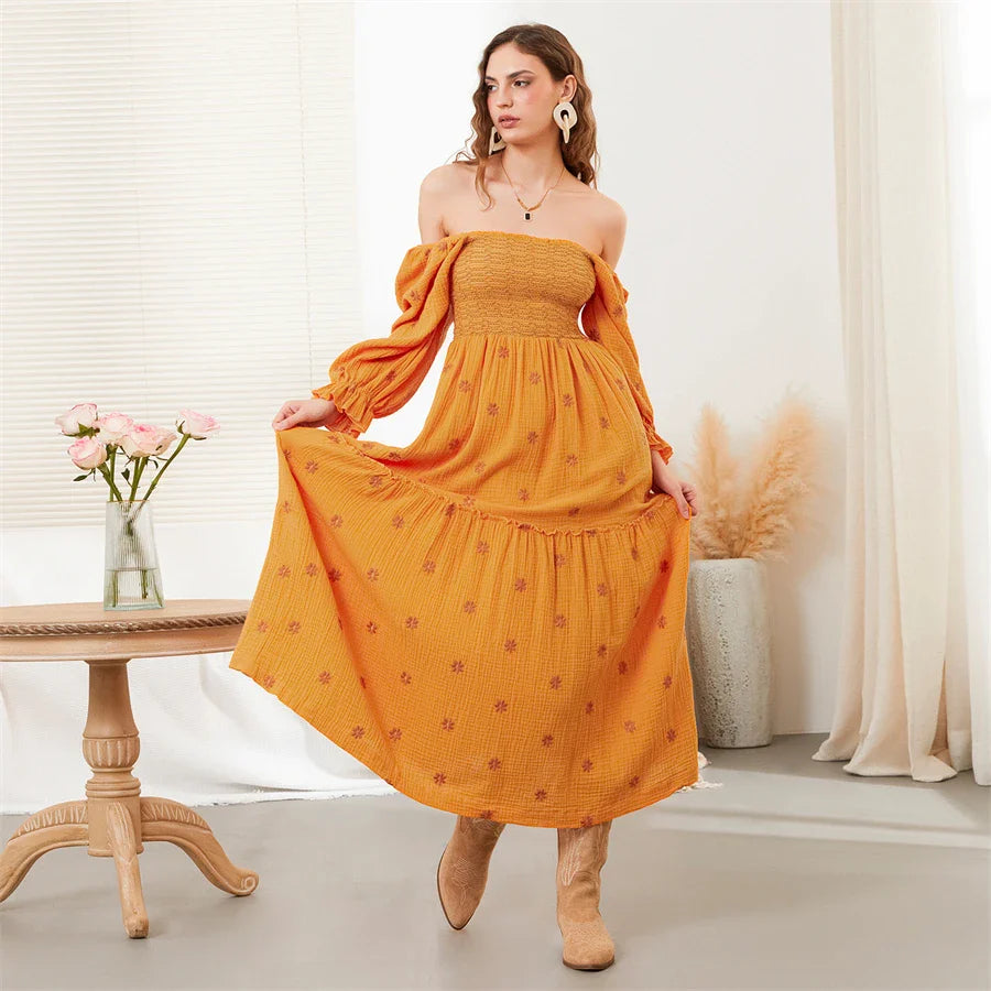 Vacation Dresses- Boho Floral Embroidered Long Dress for Casual Weddings- - IndioGear.com