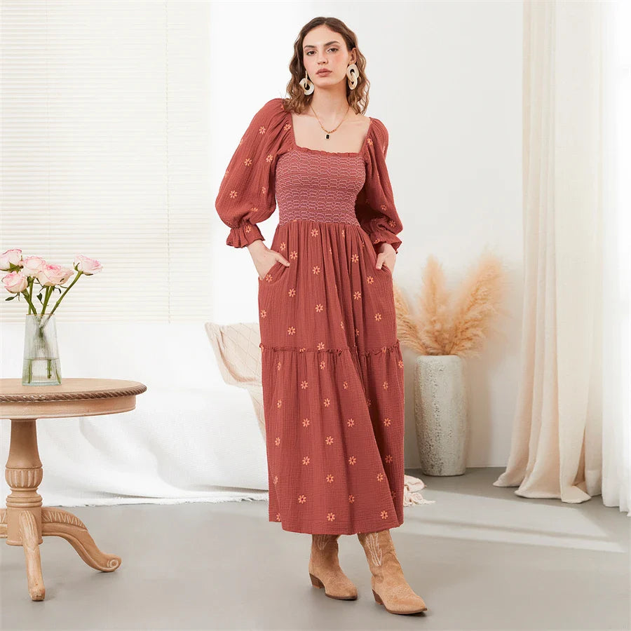 Vacation Dresses- Boho Floral Embroidered Long Dress for Casual Weddings- - IndioGear.com