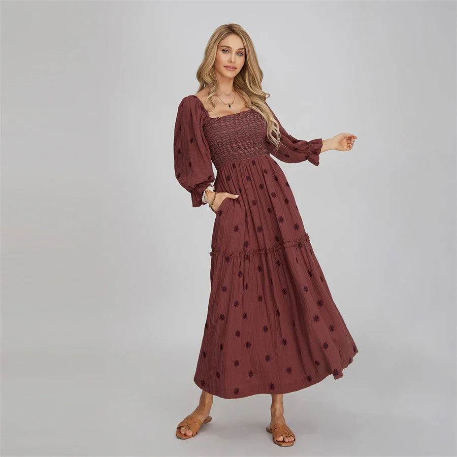 Vacation Dresses- Boho Floral Embroidered Long Dress for Casual Weddings- - IndioGear.com