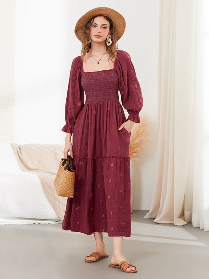 Vacation Dresses- Boho Floral Embroidered Long Dress for Casual Weddings- Wine Red- IndioGear.com