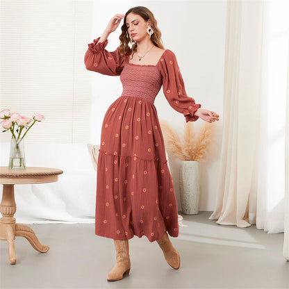 Vacation Dresses- Boho Floral Embroidered Long Dress for Casual Weddings- - IndioGear.com