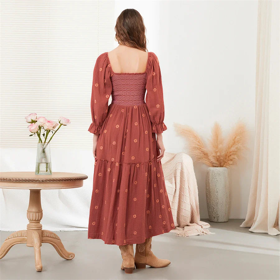 Vacation Dresses- Boho Floral Embroidered Long Dress for Casual Weddings- - IndioGear.com