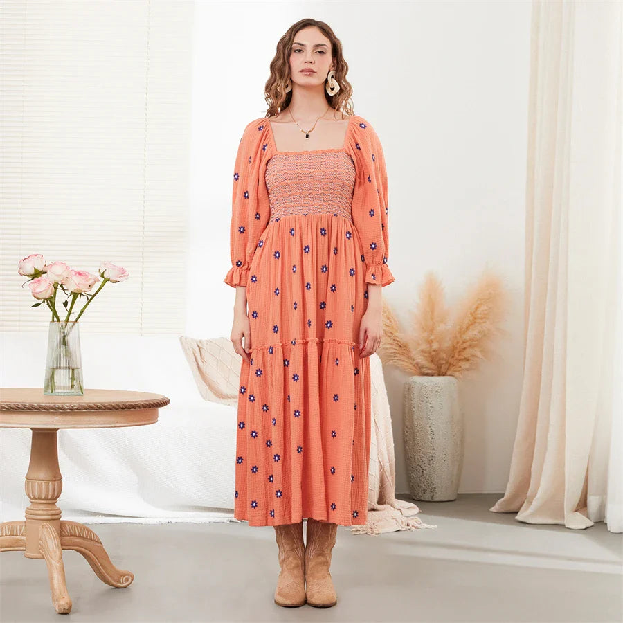 Vacation Dresses- Boho Floral Embroidered Long Dress for Casual Weddings- - IndioGear.com