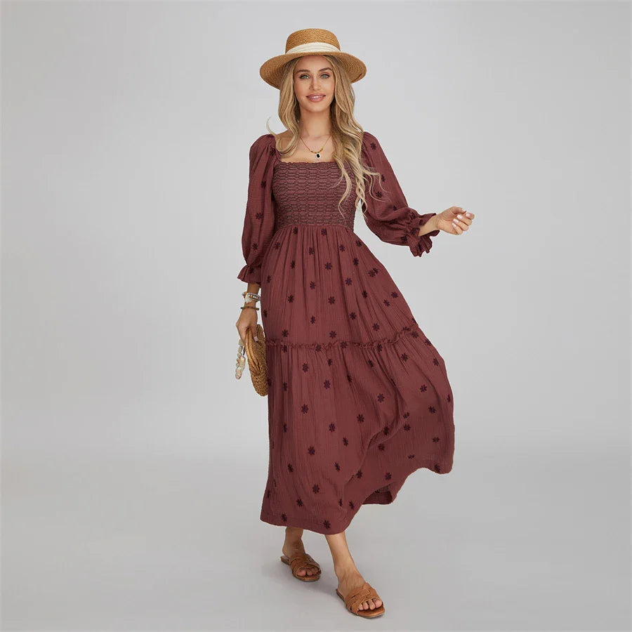 Vacation Dresses- Boho Floral Embroidered Long Dress for Casual Weddings- - IndioGear.com