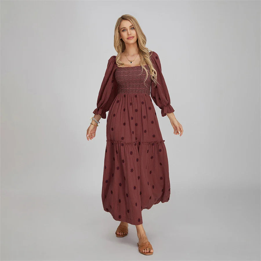 Vacation Dresses- Boho Floral Embroidered Long Dress for Casual Weddings- - IndioGear.com