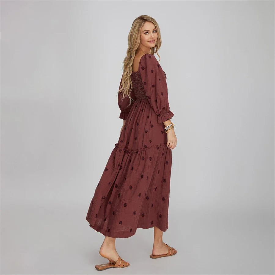 Vacation Dresses- Boho Floral Embroidered Long Dress for Casual Weddings- - IndioGear.com