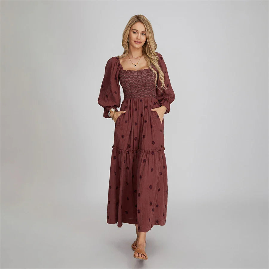 Vacation Dresses- Boho Floral Embroidered Long Dress for Casual Weddings- - IndioGear.com