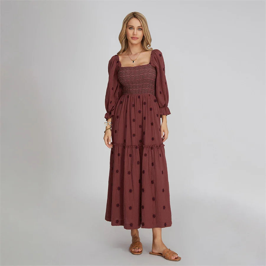 Vacation Dresses- Boho Floral Embroidered Long Dress for Casual Weddings- - IndioGear.com