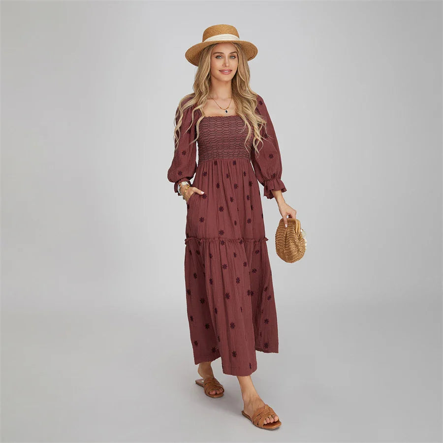 Vacation Dresses- Boho Floral Embroidered Long Dress for Casual Weddings- - IndioGear.com