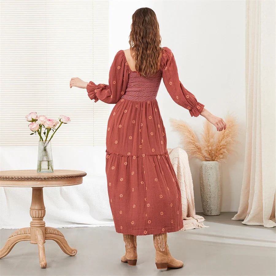 Vacation Dresses- Boho Floral Embroidered Long Dress for Casual Weddings- - IndioGear.com