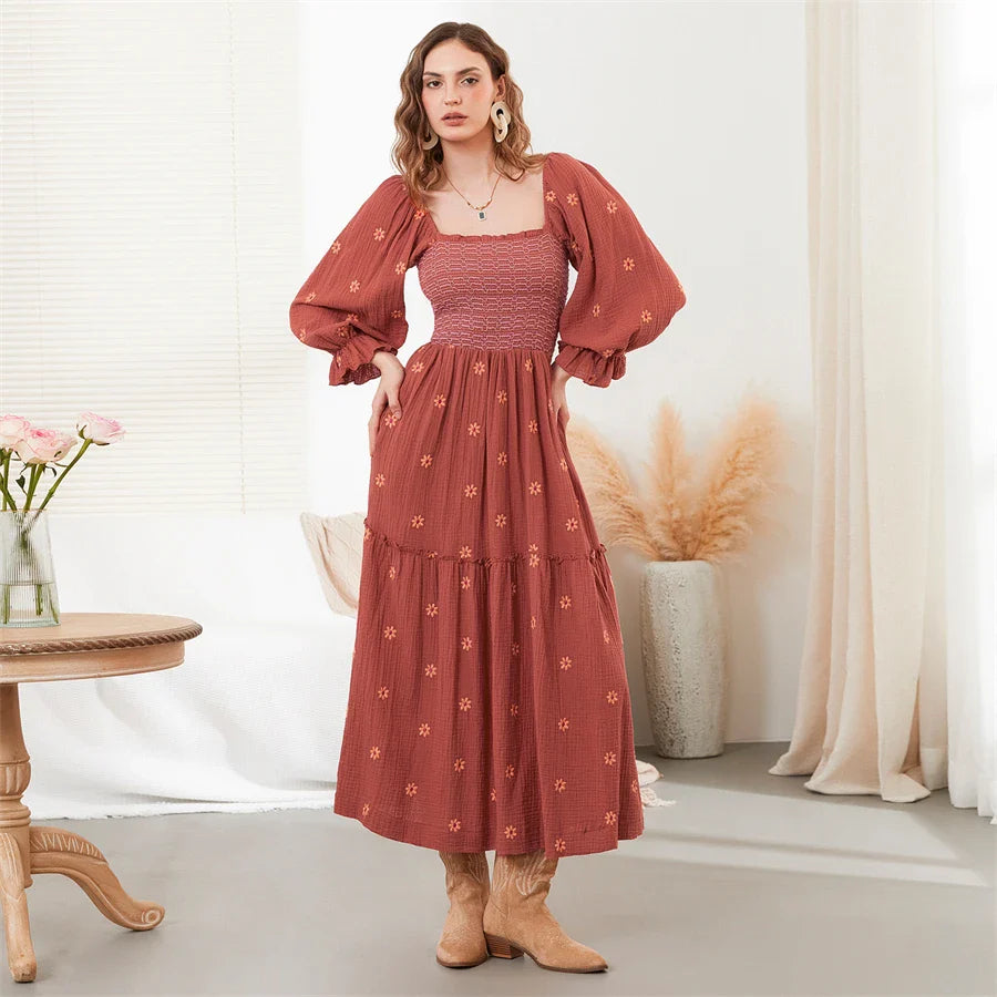 Vacation Dresses- Boho Floral Embroidered Long Dress for Casual Weddings- - IndioGear.com