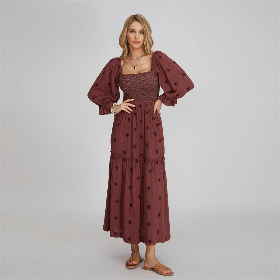 Vacation Dresses- Boho Floral Embroidered Long Dress for Casual Weddings- - IndioGear.com