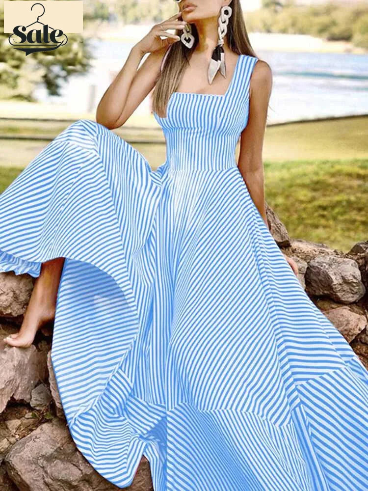 Vacation Dresses- Cocktail Couture Striped A-Line Maxi Dress- - IndioGear Fashion and Gear