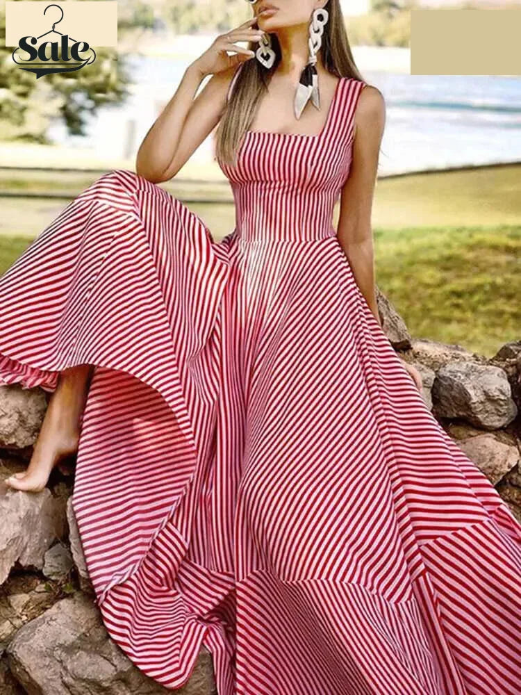 Vacation Dresses- Cocktail Couture Striped A-Line Maxi Dress- Red- IndioGear Fashion and Gear