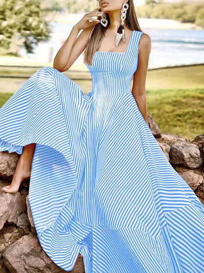 Vacation Dresses- Cocktail Couture Striped A-Line Maxi Dress- Blue- IndioGear Fashion and Gear