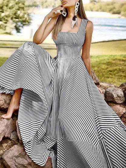 Vacation Dresses- Cocktail Couture Striped A-Line Maxi Dress- Black- IndioGear Fashion and Gear