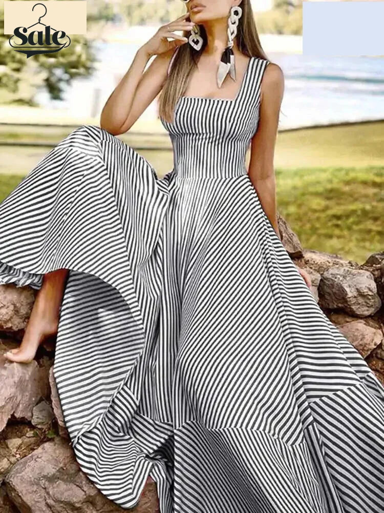 Vacation Dresses- Cocktail Couture Striped A-Line Maxi Dress- - IndioGear Fashion and Gear