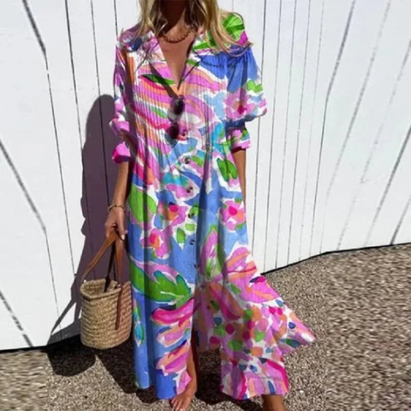 Vacation Dresses- Colorful Maxi Dress for Artsy Vacation Beach Events- Soft Blue- IndioGear.com