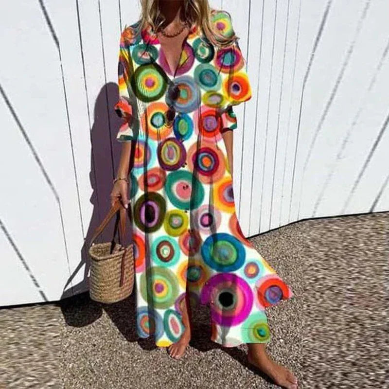 Vacation Dresses- Colorful Maxi Dress for Artsy Vacation Beach Events- Green- IndioGear.com