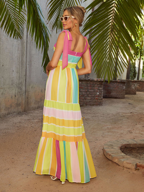 Vacation Dresses- Stripe Tie-Shoulder Maxi Dress for All Occasions- - IndioGear