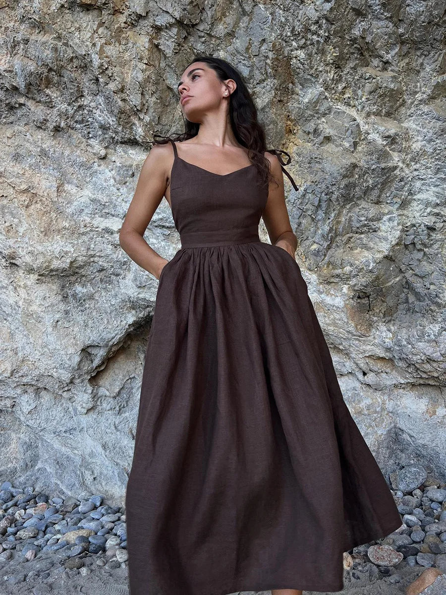 Vacation Dresses- Cotton Blend Summer Midi Sundress- Brown- IndioGear.com