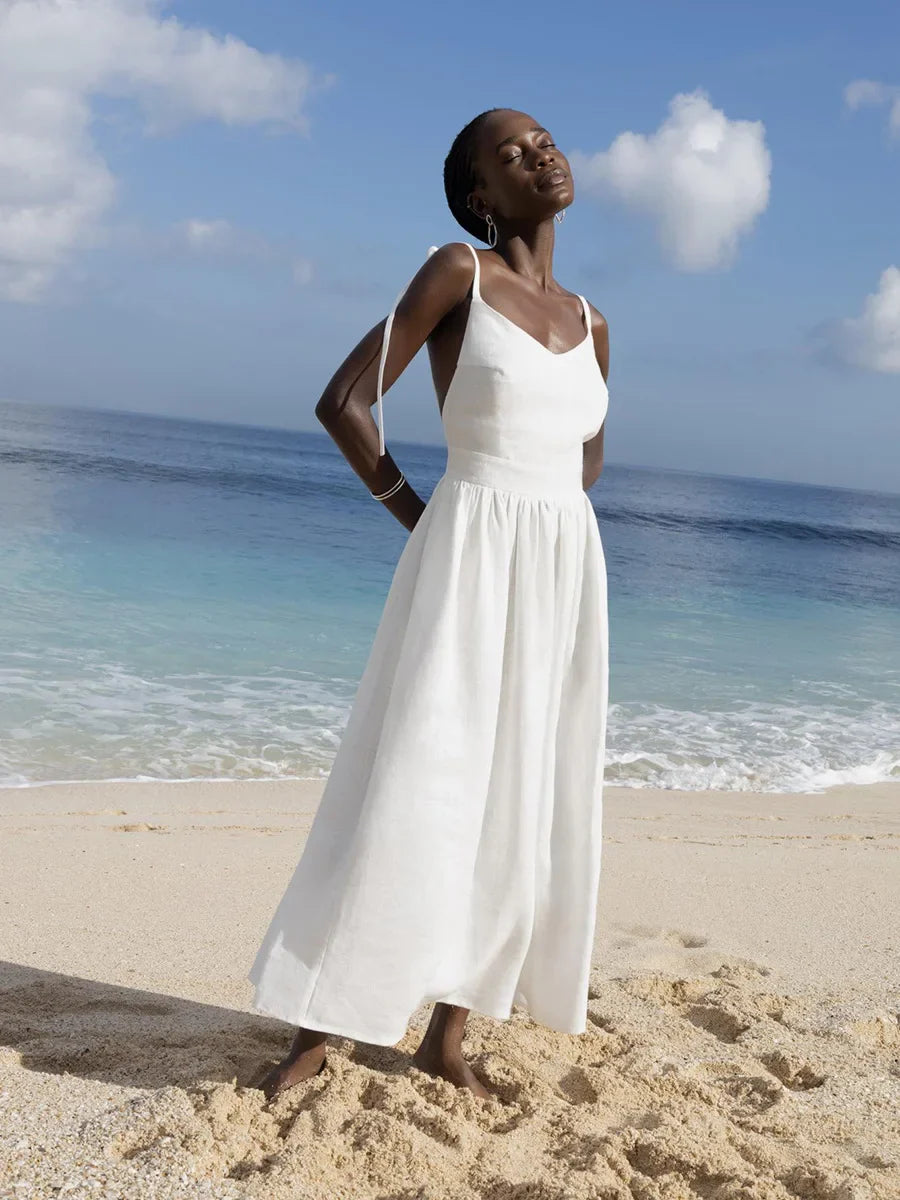 Vacation Dresses- Cotton Blend Summer Midi Sundress- White- IndioGear.com