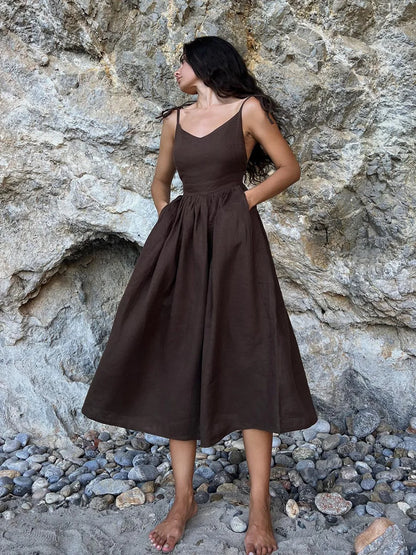 Vacation Dresses- Cotton Blend Summer Midi Sundress- - IndioGear.com