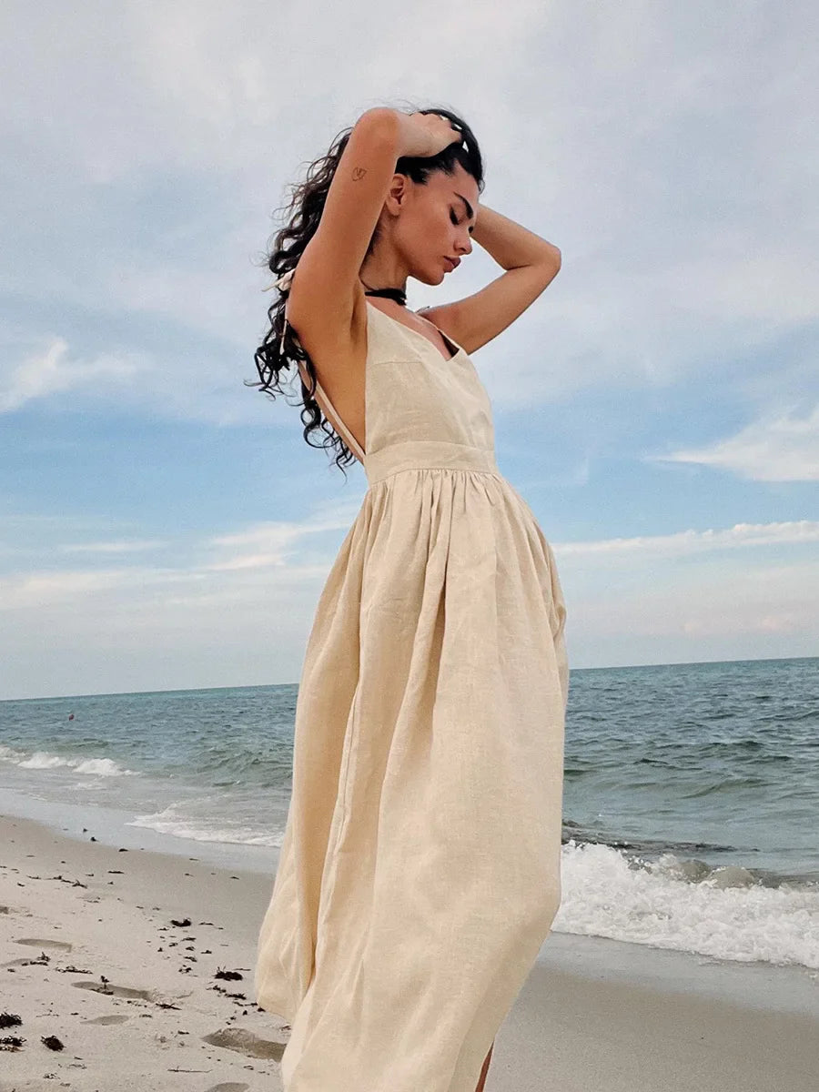 Vacation Dresses- Cotton Blend Summer Midi Sundress- Apricot- IndioGear.com