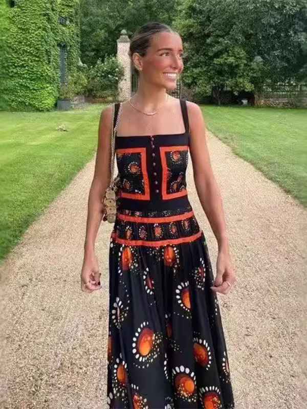 Vacation Dresses- Folk-Inspired Print Midi Dress- Black- IndioGear.com