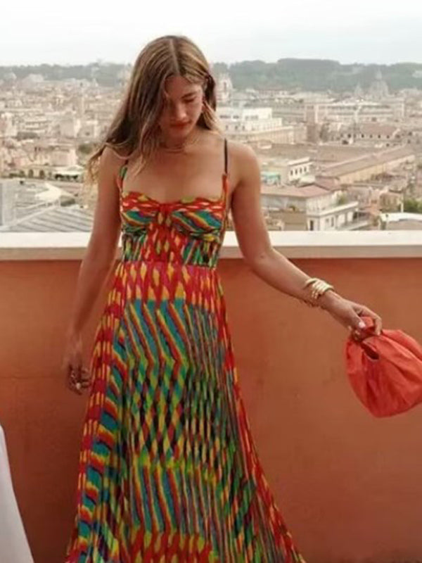 Vacation Dresses- Geometric Print Cami Maxi Dress- - IndioGear.com